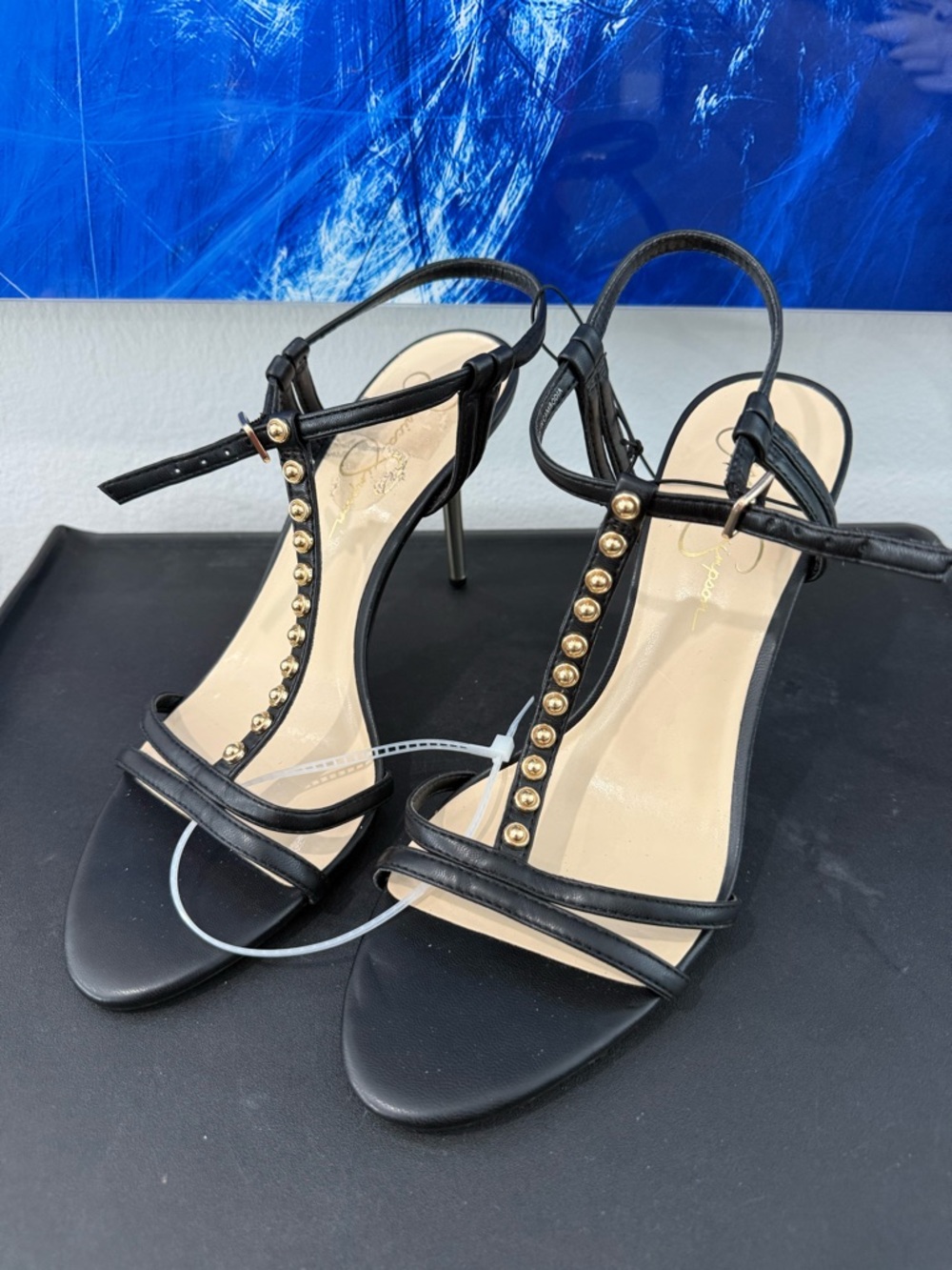 Jessica Simpson Black T-Strap Stiletto Sandals with Gold Stud Accents